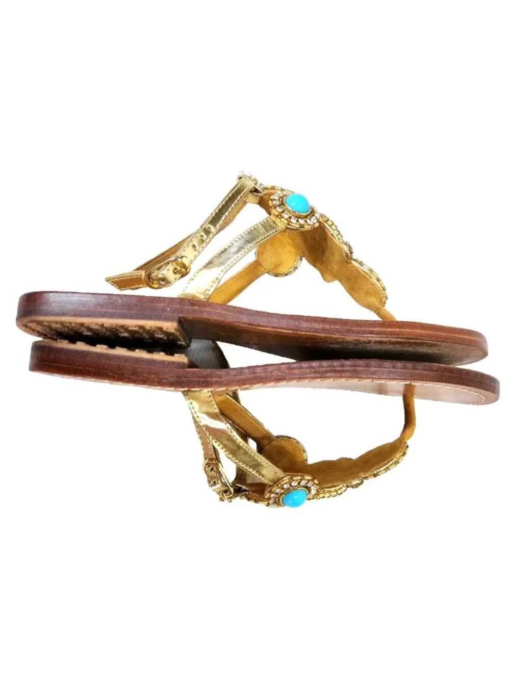 Mystique sandals faux turquoise size 6 gold leather jeweled